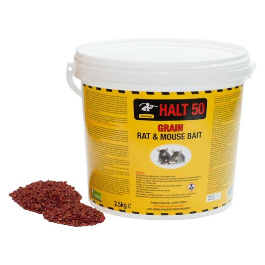 Halt 50 grain rat and mouse bait container with red bait on a white background