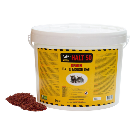 Halt 50 grain rat and mouse bait container with label on a white background