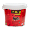 White bucket with red label for Halt 50 grain sachets rat and mouse bait on a white background