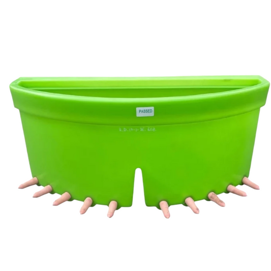 Green plastic feeder on a white background
