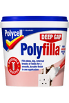 A tub of Polycell Polyfilla Deep Gap wall filler, featuring a white container with a blue lid, blue and red branding, and a pink lower section, on a white background.