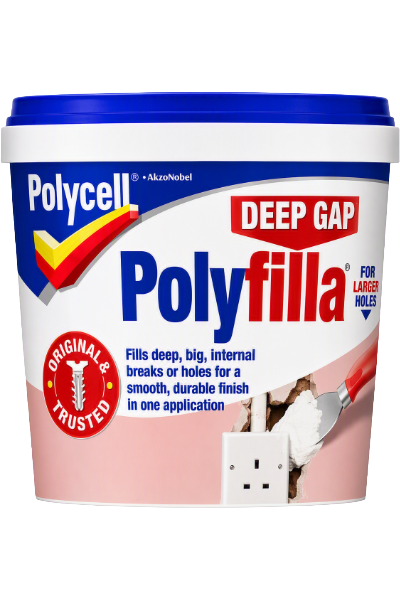 A tub of Polycell Polyfilla Deep Gap wall filler, featuring a white container with a blue lid, blue and red branding, and a pink lower section, on a white background.