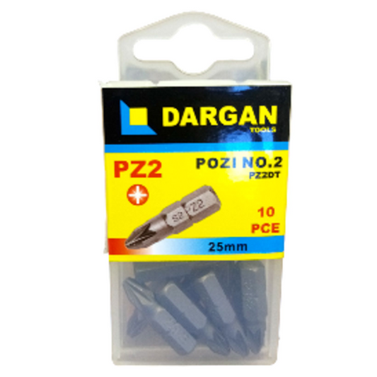 Dargan Tools PZ2 Pozi No. 2 screwdriver bits in a clear plastic blister pack with a yellow, blue, and black cardboard header card.