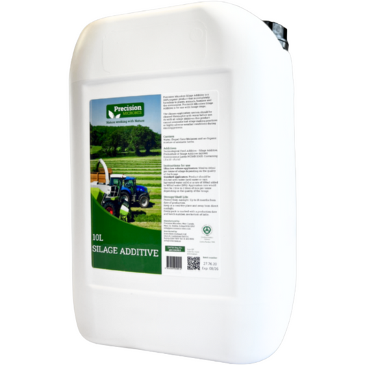 A white plastic 10L canister of Precision AgriSilage Additive, featuring a green and white label with a tractor and field graphic, set against a plain white background.