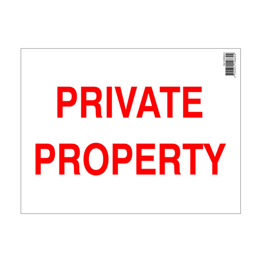 Red 'PRIVATE PROPERTY' sign on a white background
