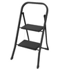 A black two-step folding step ladder with a curved top handlebar, shown on a plain white background.