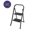A black two-step folding ladder shown on a plain white background, with a circular European EN131 standards badge in the upper left corner.