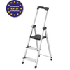 A three-step aluminum step ladder with black plastic feet, handgrip, and textured non-slip steps, shown on a white background with a circular 'European EN131 Standards' badge in the top-left corner.