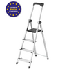 A four-step aluminum step ladder with black plastic feet, handle, and textured seat pad, shown on a white background with a blue and yellow 'European EN131 Standards' certification badge in the top-left corner.