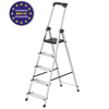 A five-step aluminum step ladder with black plastic feet, handgrip, and step padding, shown on a white background with a circular 'European EN131 Standards' certification badge in the top-left corner.