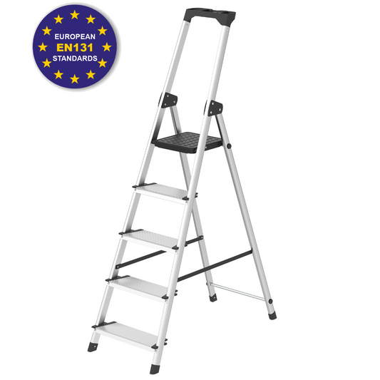 A five-step aluminum step ladder with black plastic feet, handgrip, and step padding, shown on a white background with a circular 'European EN131 Standards' certification badge in the top-left corner.