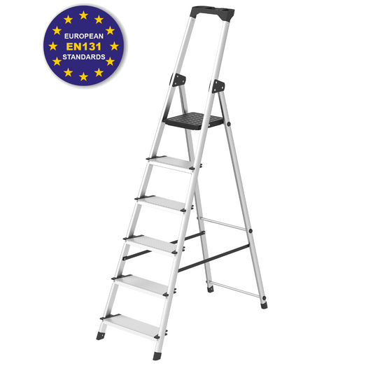 A five-step aluminum step ladder with black plastic feet, hand grip, and seat pad, shown on a white background with a circular European EN1311 Standards certification badge in the top-left corner.