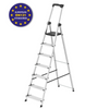 A silver aluminum step ladder with black plastic accents, including a top handle, step grips, and footrests, shown on a white background with a blue circular European EN131 Standards certification badge in the top-left corner.