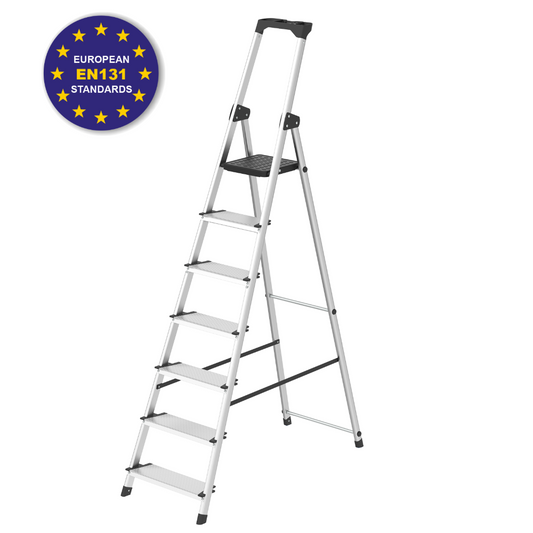 A silver aluminum step ladder with black plastic accents, including a top handle, step grips, and footrests, shown on a white background with a blue circular European EN131 Standards certification badge in the top-left corner.