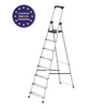 A silver aluminum step ladder with black plastic feet, joints, and handle, shown on a plain white background with a circular European EN 131 Standards certification badge in the top-left corner.