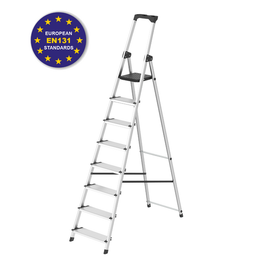 A silver aluminum step ladder with black plastic feet, joints, and handle, shown on a plain white background with a circular European EN 131 Standards certification badge in the top-left corner.