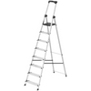 A silver aluminum step ladder with five steps, a black hand grip, and a black seat on a plain white background.