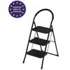 A three-step black metal folding ladder with a curved top handle, shown on a plain white background. A circular blue and yellow 'European EN131 Standards' badge is displayed in the top-left corner.