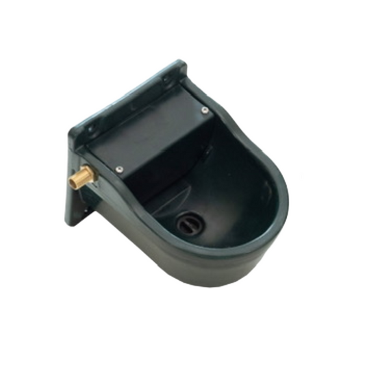 Black plastic container with a brass fitting on a white background