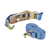 Blue ratchet strap with gold ratchet mechanism on a white background