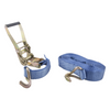 Blue ratchet strap with metal hooks on a white background
