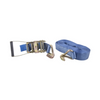 Blue ratchet strap with metal buckle on a white background
