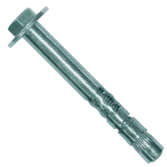 A single metal wall anchor bolt with a hex head and flat washer, shown diagonally on a plain white background.