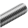 A close-up of a metallic threaded rod or bolt with a satin finish, shown diagonally against a plain white background.