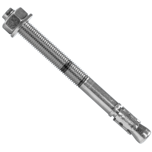 A galvanized steel wall anchor with a threaded bolt, hex nut, and sleeve anchor plug, shown diagonally on a plain white background.