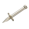 A single metallic rivet pin with a flat head and a pointed tip, shown diagonally on a plain white background.