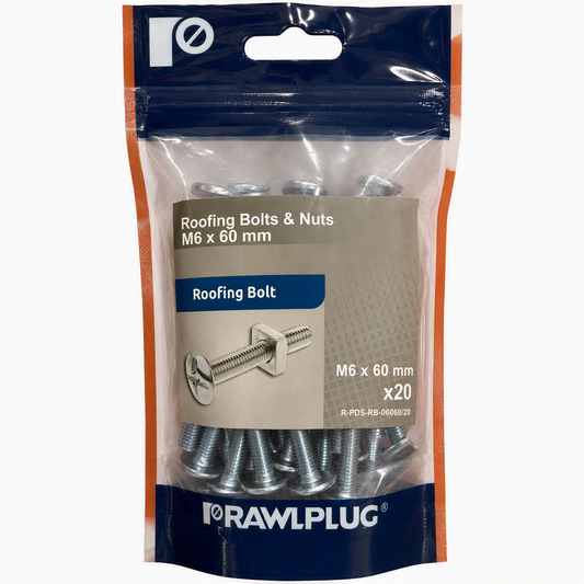 A package of 20 RAWLPLUG M6 x 60 mm roofing bolts and nuts in a clear resealable stand-up pouch with a dark blue header and orange side accents.