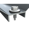Close-up of a metal mounting bracket with a bolt, nut, and washer assembly on a white background.