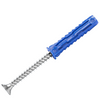 A blue plastic wall anchor with a silver metal screw, shown diagonally on a plain white background.