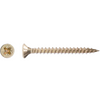 A single flat-head wood screw with a metallic gold/brass finish, shown from a side profile next to a close-up of its cross-drive head on a plain white background.