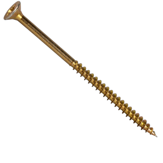 A single brass-colored wood screw with a slotted head, shown diagonally on a plain white background.