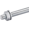 A galvanized steel threaded bolt with a hexagonal nut, shown in a close-up studio shot on a white background.