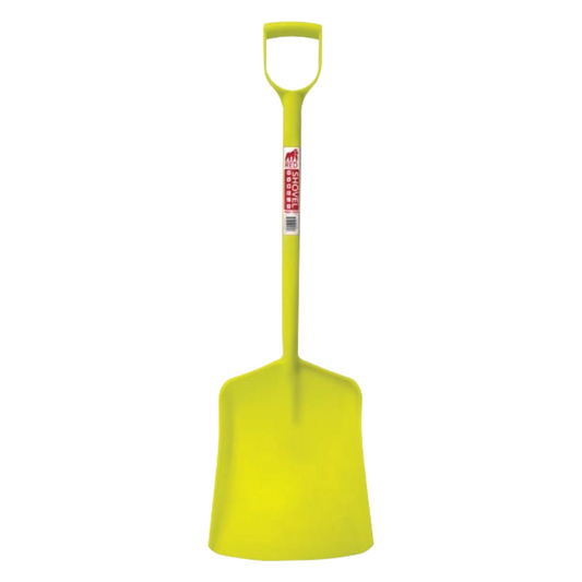 Yellow shovel with a green handle on a white background