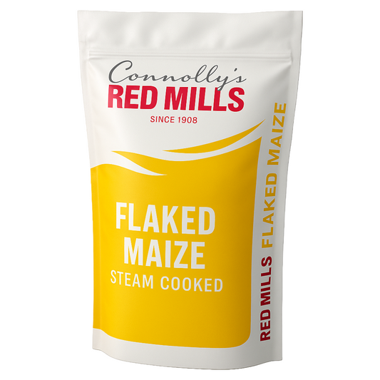 Packaging of Connolly's Red Mills flaked maize on a white background