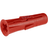 A red plastic wall anchor plug with a star-drive socket on one end, shown on a plain white background.