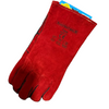 A single red leather welding glove with black trim and black printed text reading 'ELECTRO WELD' on the back, shown on a plain white background.