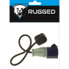 A black electrical plug with a black cord, featuring a black and gray plastic housing, shown below its retail header card which displays the Rugged brand logo.