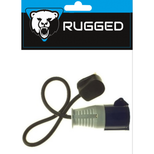 A black electrical plug with a black cord, featuring a black and gray plastic housing, shown below its retail header card which displays the Rugged brand logo.