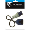 A rugged electrical adapter cable with a blue and gray plug and a black looped cord, shown below a blue and black Rugged brand header card on a white background.
