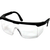 Clear protective safety glasses with a black plastic frame and clear lenses, shown on a plain white background.