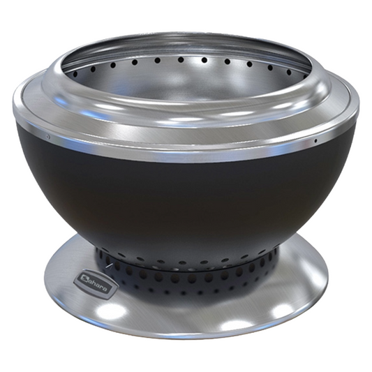 Black and silver fire pit with 'Sahara' branding on a white background