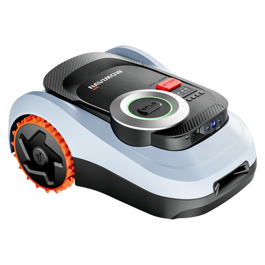 Robotic lawn mower with NAVIMOW branding on a white background