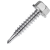 A single galvanized metal roofing screw with a hex head and a pointed tip, shown diagonally on a plain white background.