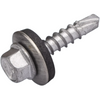 A metal self-tapping screw with a hexagonal head, a dark textured washer, and a threaded shank, shown on a plain white background.