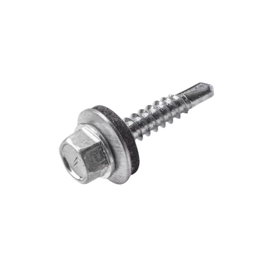 A single galvanized metal hex head screw with a washer, shown on a plain white background.
