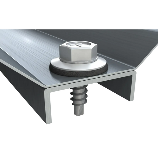Close-up of a metal mounting bracket with a silver hex bolt, washer, and threaded screw on a white background.